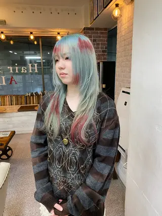 ミディアム カラー レイヤーウルフ エクステ磯部のヘアスタイル