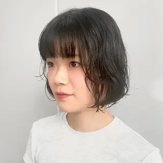 ミディアム パーマ 金本麗美　ボブパーマ グレージュ/オリーブのヘアスタイル