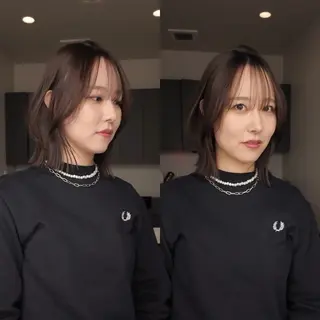 ミディアム カラー パーマ ヘアアレンジ メンズ 切りっぱなしヘアボブ ミディアムヘアRYOのヘアスタイル