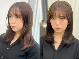 ミディアム カラー パーマ ヘアアレンジ メンズ キッズ レイヤーカット 🌿透け感カラーのヘアスタイル