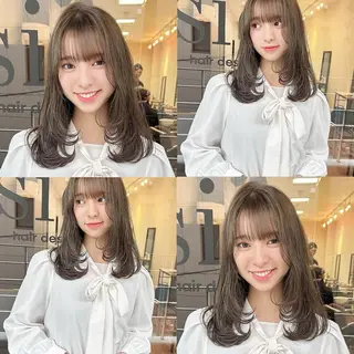 ロング カラー 韓国🇰🇷レイヤー カットオリーブカラーのヘアスタイル