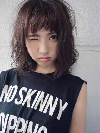 ミディアム カラー パーマ 花井 啓好のヘアスタイル