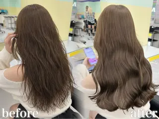 セミロング カラー 地毛風縮毛矯正飛我 赤み無し透明感ヘアのヘアスタイル