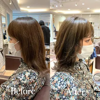 ミディアム カラー アオガミ （前髪顔周りカット）のヘアスタイル