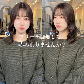 セミロング カラー 韓国🇰🇷レイヤー カットオリーブカラーのヘアスタイル