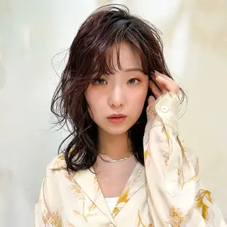 ミディアム カラー 艶透明感カラー/ ルーズパーマ/田中のヘアスタイル