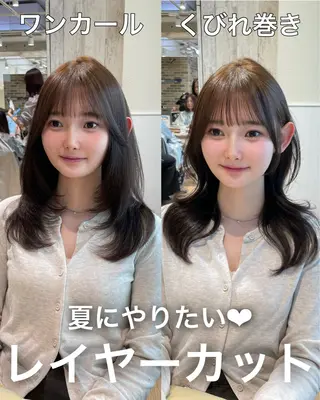 ミディアム 表参道小顔カット前髪 割れ改善クロスパーマのヘアスタイル