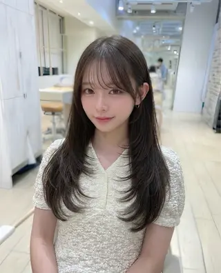 ロング 表参道小顔カット前髪 割れ改善クロスパーマのヘアスタイル