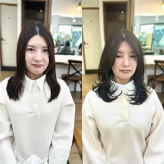 ミディアム カラー パーマ メンズ キッズ レイヤーカット 🌿透け感カラーのヘアスタイル