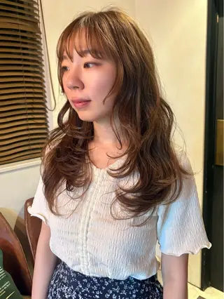 セミロング カラー パーマ レイヤー/透明感/ ブリーチなし/わかなのヘアスタイル