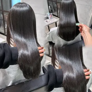 ロング 韓国🇰🇷レイヤー カットオリーブカラーのヘアスタイル