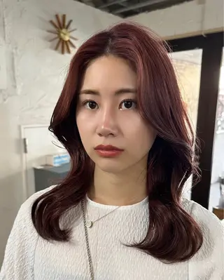 セミロング カラー 韓国レイヤー柔らかい 地毛風縮毛矯正/マツのヘアスタイル