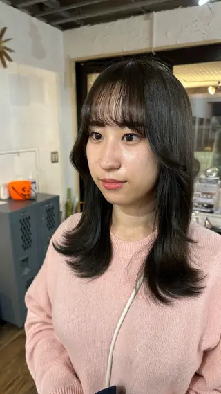 セミロング カラー 韓国レイヤー柔らかい 地毛風縮毛矯正/マツのヘアスタイル