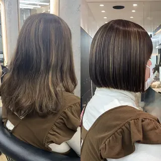 ミディアム カラー レイヤーボブ縮毛矯正 韓国RINAのヘアスタイル