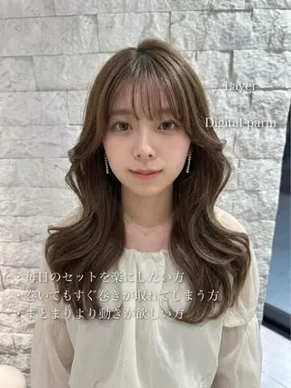 ロング カラー パーマ 藤沢/レイヤー/ コテ巻き風パーマのヘアスタイル