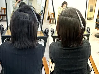 ミディアム カラー パーマ ヘアアレンジ メンズ キッズ レイヤーカット／ 巻ける縮毛矯正のヘアスタイル