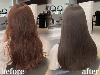 ロング カラー ブリーチ縮毛矯正加藤 赤み無し透明感ヘアのヘアスタイル