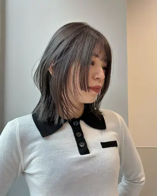 ショート カラー パーマ ヘアアレンジ メンズ 切りっぱなしヘアボブ ミディアムヘアRYOのヘアスタイル