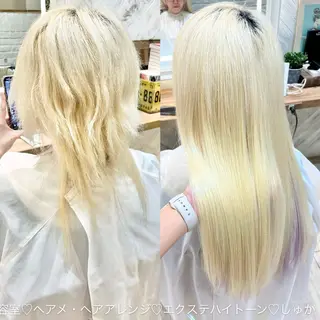 ロング ハイトーンカラー シールエクステのヘアスタイル