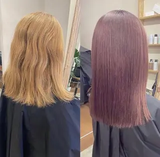 ミディアム カラー パーマ ブリーチなし透明感 指名No1ナギサのヘアスタイル