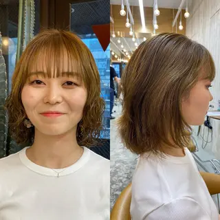 ミディアム パーマ レイヤーボブ縮毛矯正 韓国RINAのヘアスタイル