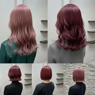 ミディアム 💕透明感赤味カラー ぱっつんボブ🩷のヘアスタイル