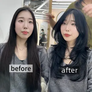 ロング カラー 韓国風レイヤーカラー ライムのヘアスタイル