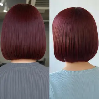 ミディアム 💕透明感赤味カラー ぱっつんボブ🩷のヘアスタイル