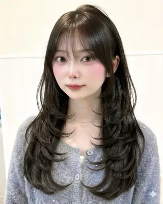 ロング 表参道小顔カット前髪 割れ改善クロスパーマのヘアスタイル