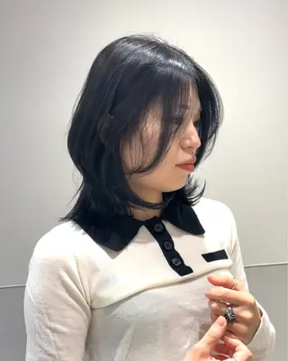 ショート カラー パーマ ヘアアレンジ メンズ 切りっぱなしヘアボブ ミディアムヘアRYOのヘアスタイル