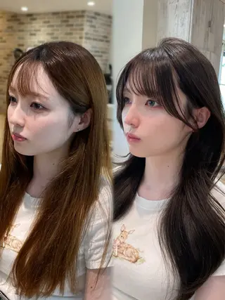 セミロング 表参道小顔カット前髪 割れ改善クロスパーマのヘアスタイル