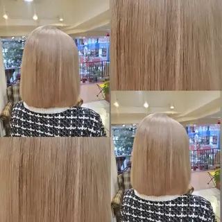 ミディアム ツヤ髪✨縮毛矯正 ハイトーンカラーのヘアスタイル