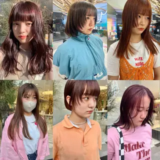 ミディアム カラー パーマ ヘアアレンジ メンズ キッズ アイブロウ mana 暖色カラーカットのヘアスタイル