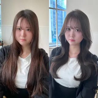 ロング 表参道小顔カット前髪 割れ改善クロスパーマのヘアスタイル