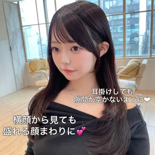 セミロング 表参道小顔カット前髪 割れ改善クロスパーマのヘアスタイル