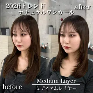 セミロング カラー 髪質改善|透明 感カラー🩵レイヤーのヘアスタイル