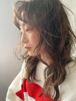 ミディアム カラー パーマ 森貴裕/ベージュ/ パーマ/オリーブのヘアスタイル