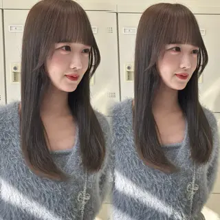 ロング 韓国ヘア/ブリーチ無 しWカラー/オリーブのヘアスタイル