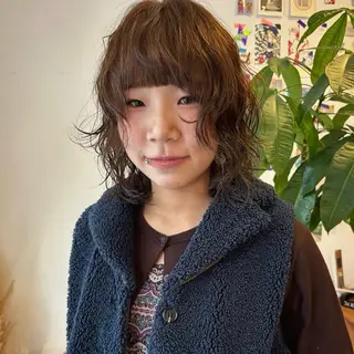 ミディアム カラー パーマ ヘアアレンジ メンズ キッズ デザインパーマ メンズカット 郁美のヘアスタイル