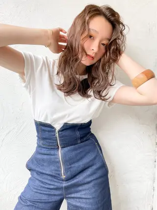 ロング カラー パーマ 透明感/オリーブ/ グレージュ/YUKAのヘアスタイル