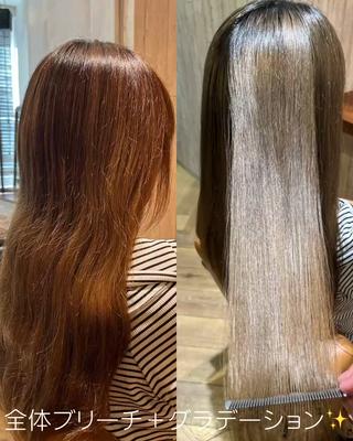 昨年にブリーチ、2〜3ヶ月ごとにカラーをされているお客様にブリーチ＋カラー

パサつきや広がりをカットとトリートメントで抑え、髪に足りない栄養を補給した結果ツヤと透明感を両立できました

施術内容は以下の通り
1.カウンセリング
2.カットor筋膜リリースヘッドスパ
3.前処理（毛髪補修、毛髪の耐久力強化）
4.ブリーチ
5.中間処理（栄養補強、毛髪の耐久力強化）
6.カスタマイズカラー
7.カスタマイズシャンプー
8.後処理（栄養補給、コンディションを整える）
9.サロンステップトリートメント
（超音波アイロントリートメント込み）
10.お仕上げ/スタイリング
11.アフターカウンセリング 