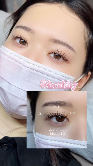 アンドヘルシー
エクステ×パーマ
ドールデザイン
目頭からC10,C11,C11
ブラック120本 