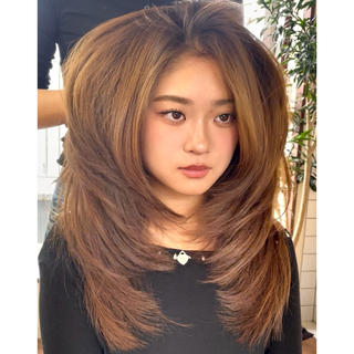 ミディアム カラー レイヤーカット ハッシュカットのヘアスタイル