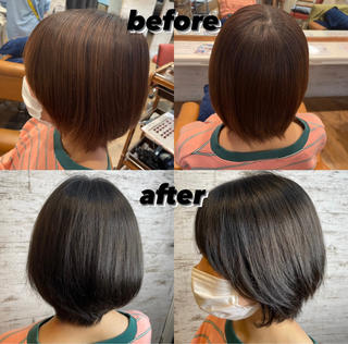 カラーモデルブルーブラック
実習があるから地毛に近いぐらい暗くされたいとの事で根本2cmが地毛でそれ以外が8Lvぐらいの赤みのある感じだったので、地毛の黒さぐらいで赤味の消す感じに仕上げさせて頂きました 