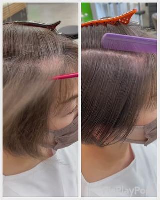 左側ビフォア
右側完成スタイル
こめかみに塊白髪あり、全体30%ぐらいの白髪率
2ヶ月前に白髪ぼかしハイライトさせてもらってます。
塊白髪も馴染んで気にならない、
白髪染は使わず、白髪は染めきらない所がポイントです