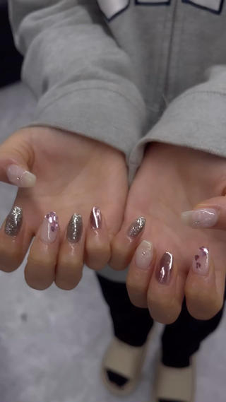 #ピンクミラー#リボンネイル 