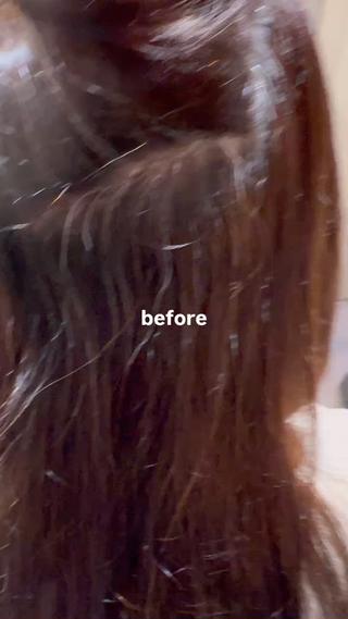 50代加齢と毎月のセルフカラーで軟毛、細毛
半年前に矯正履歴。
根本のウネリと中間〜毛先のパサつきで広がりまとまりづらい。
希望、根本〜毛先までナチュラルにストレート。
艶髪とハリコシが欲しい。

afterは次の動画を見てください。 