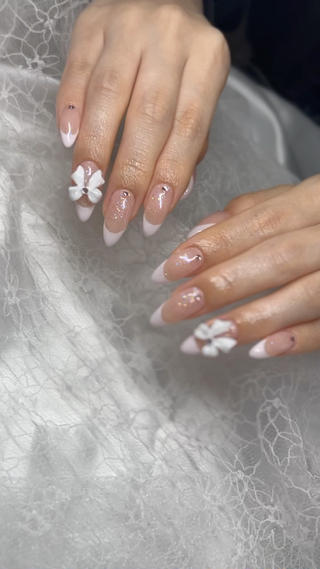 ワンホンネイル 韓国ネイル ロングネイル リボンネイル フレンチネイル 