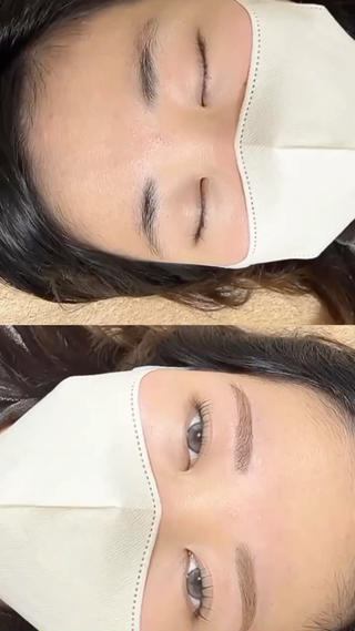眉頭を間引きして眉尻の毛量と色味の差を自然にふんわりするように仕上げています！形は平行セミアーチでマッピングして型取りおでこのワックス（+1100円）は丸みのあるデザイン◎ 