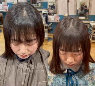 前髪が割れてしまって綺麗に下ろせない前髪を綺麗に下ろす事が可能になり 生え癖を治すお悩み解決メニューです♪ これまで前髪を作りたいけど、割れてしまうので作らずに長くしていた 前髪作りたくて作ったけれど、浮いてしまって収まりが… など、前髪を作るにあたってお悩みがあり、前髪を作るのを諦めていた方！！ 朗報ですよ

前髪縮毛矯正とは違って薬剤を塗布する時にクロスさせて塗布することで、悩んでいる前髪が乾かすだけで自然に前に降りてくるようになります 